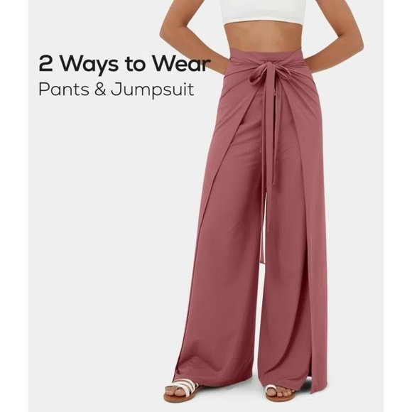 Halara High Waisted Lace Up Split Hem Palazzo Wide Leg Flowy Pants Pink XL - Picture 1 of 13